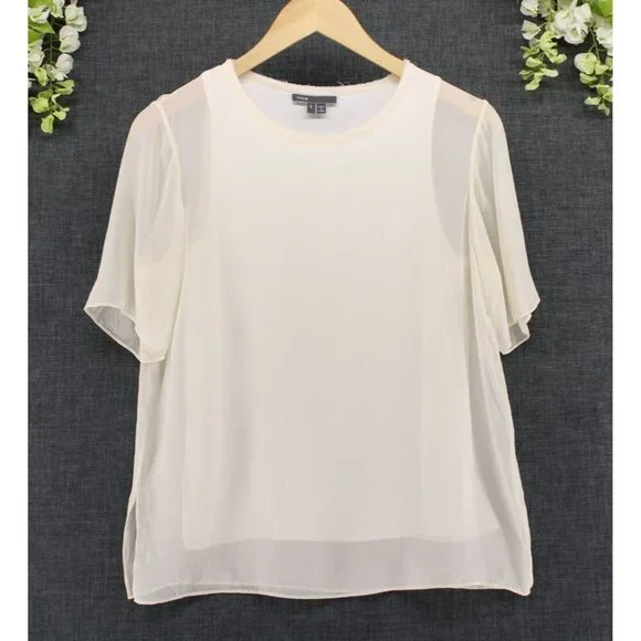 Vince Women's 100% Silk Short Sleeve Crewneck Overlay Blouse Beige Sz S - Picture 1 of 9